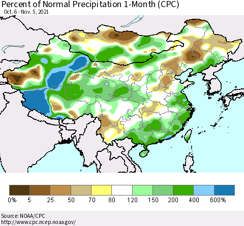 China, Mongolia and Taiwan Percent of Normal Precipitation 1-Month (CPC) Thematic Map For 10/6/2021 - 11/5/2021