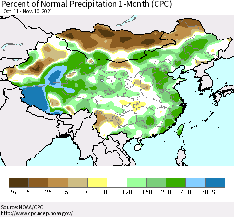China, Mongolia and Taiwan Percent of Normal Precipitation 1-Month (CPC) Thematic Map For 10/11/2021 - 11/10/2021
