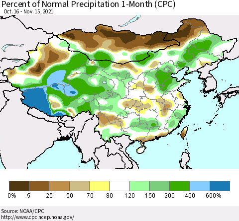 China, Mongolia and Taiwan Percent of Normal Precipitation 1-Month (CPC) Thematic Map For 10/16/2021 - 11/15/2021