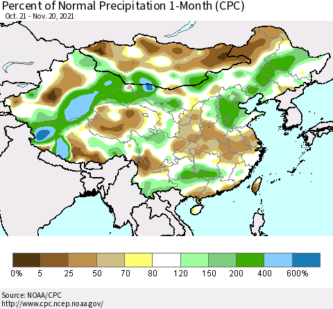 China, Mongolia and Taiwan Percent of Normal Precipitation 1-Month (CPC) Thematic Map For 10/21/2021 - 11/20/2021