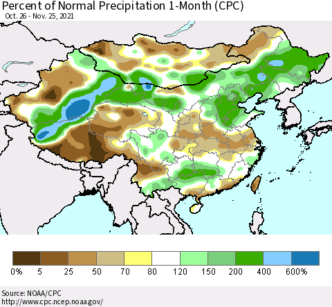 China, Mongolia and Taiwan Percent of Normal Precipitation 1-Month (CPC) Thematic Map For 10/26/2021 - 11/25/2021