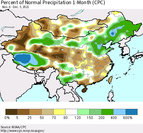 China, Mongolia and Taiwan Percent of Normal Precipitation 1-Month (CPC) Thematic Map For 11/6/2021 - 12/5/2021