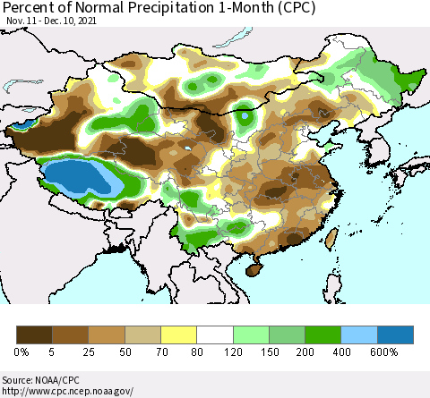 China, Mongolia and Taiwan Percent of Normal Precipitation 1-Month (CPC) Thematic Map For 11/11/2021 - 12/10/2021