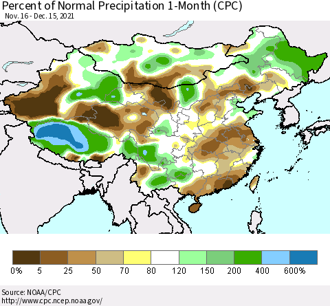 China, Mongolia and Taiwan Percent of Normal Precipitation 1-Month (CPC) Thematic Map For 11/16/2021 - 12/15/2021