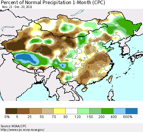 China, Mongolia and Taiwan Percent of Normal Precipitation 1-Month (CPC) Thematic Map For 11/21/2021 - 12/20/2021