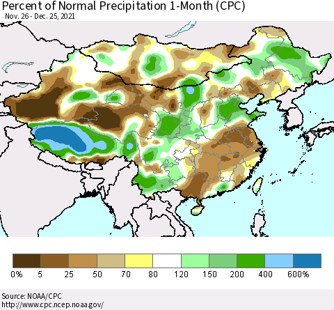 China, Mongolia and Taiwan Percent of Normal Precipitation 1-Month (CPC) Thematic Map For 11/26/2021 - 12/25/2021