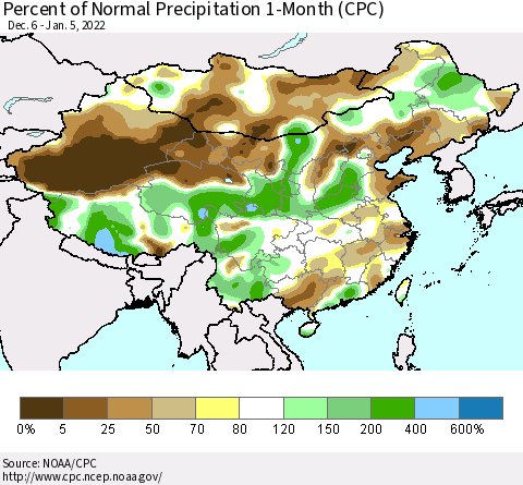 China, Mongolia and Taiwan Percent of Normal Precipitation 1-Month (CPC) Thematic Map For 12/6/2021 - 1/5/2022