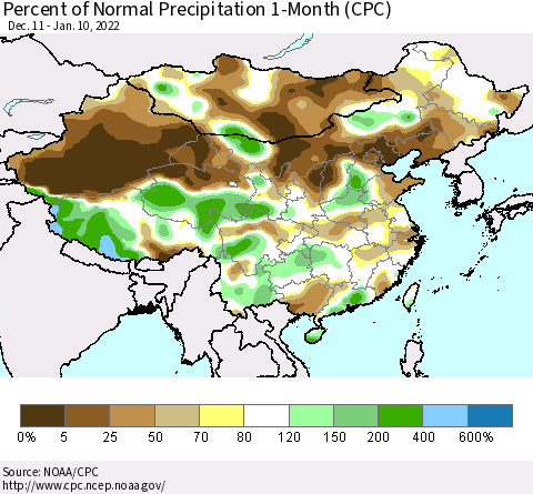 China, Mongolia and Taiwan Percent of Normal Precipitation 1-Month (CPC) Thematic Map For 12/11/2021 - 1/10/2022