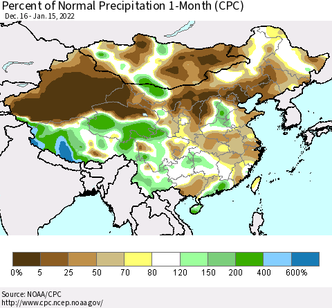 China, Mongolia and Taiwan Percent of Normal Precipitation 1-Month (CPC) Thematic Map For 12/16/2021 - 1/15/2022