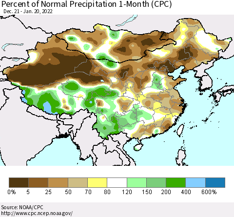 China, Mongolia and Taiwan Percent of Normal Precipitation 1-Month (CPC) Thematic Map For 12/21/2021 - 1/20/2022