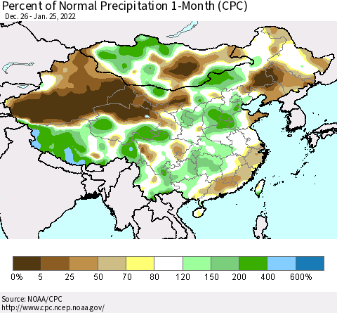 China, Mongolia and Taiwan Percent of Normal Precipitation 1-Month (CPC) Thematic Map For 12/26/2021 - 1/25/2022