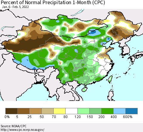 China, Mongolia and Taiwan Percent of Normal Precipitation 1-Month (CPC) Thematic Map For 1/6/2022 - 2/5/2022