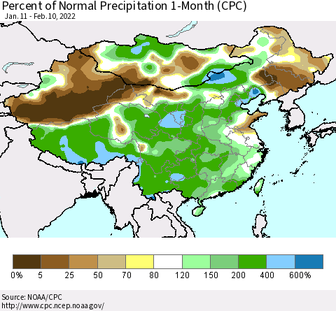 China, Mongolia and Taiwan Percent of Normal Precipitation 1-Month (CPC) Thematic Map For 1/11/2022 - 2/10/2022
