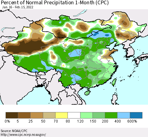 China, Mongolia and Taiwan Percent of Normal Precipitation 1-Month (CPC) Thematic Map For 1/16/2022 - 2/15/2022