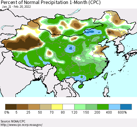 China, Mongolia and Taiwan Percent of Normal Precipitation 1-Month (CPC) Thematic Map For 1/21/2022 - 2/20/2022