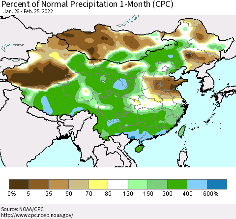 China, Mongolia and Taiwan Percent of Normal Precipitation 1-Month (CPC) Thematic Map For 1/26/2022 - 2/25/2022