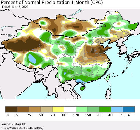 China, Mongolia and Taiwan Percent of Normal Precipitation 1-Month (CPC) Thematic Map For 2/6/2022 - 3/5/2022
