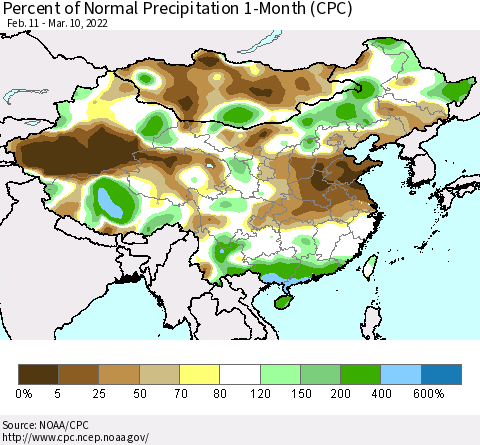 China, Mongolia and Taiwan Percent of Normal Precipitation 1-Month (CPC) Thematic Map For 2/11/2022 - 3/10/2022