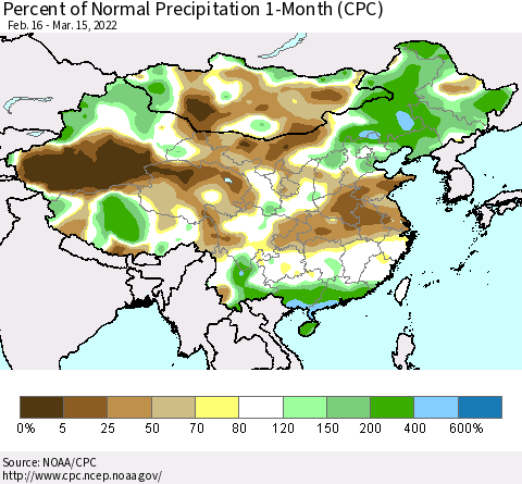 China, Mongolia and Taiwan Percent of Normal Precipitation 1-Month (CPC) Thematic Map For 2/16/2022 - 3/15/2022