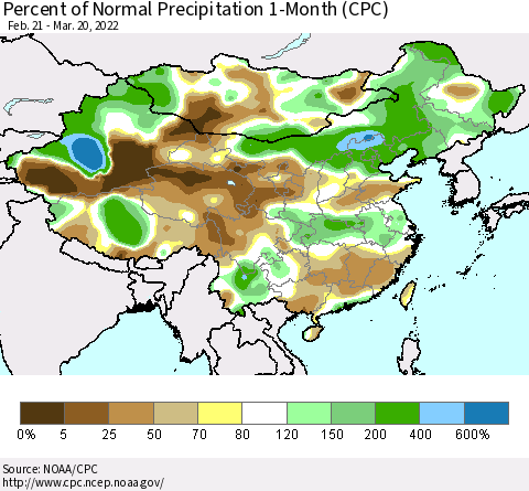 China, Mongolia and Taiwan Percent of Normal Precipitation 1-Month (CPC) Thematic Map For 2/21/2022 - 3/20/2022