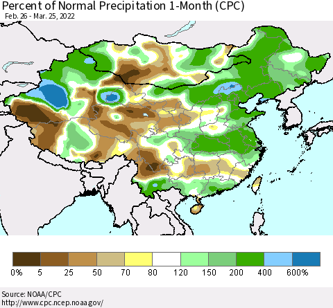 China, Mongolia and Taiwan Percent of Normal Precipitation 1-Month (CPC) Thematic Map For 2/26/2022 - 3/25/2022