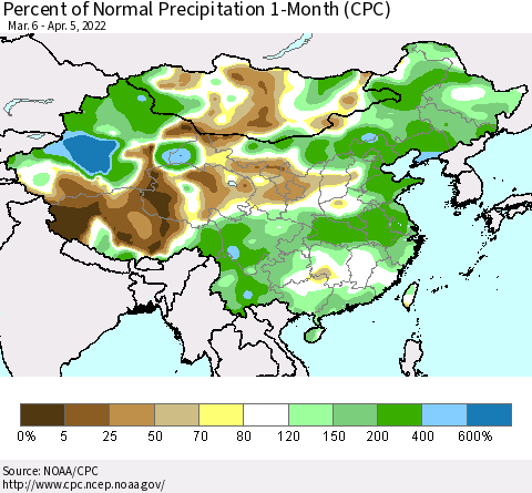 China, Mongolia and Taiwan Percent of Normal Precipitation 1-Month (CPC) Thematic Map For 3/6/2022 - 4/5/2022