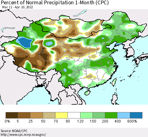 China, Mongolia and Taiwan Percent of Normal Precipitation 1-Month (CPC) Thematic Map For 3/11/2022 - 4/10/2022