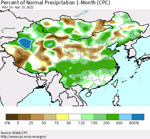 China, Mongolia and Taiwan Percent of Normal Precipitation 1-Month (CPC) Thematic Map For 3/16/2022 - 4/15/2022