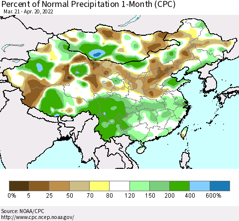 China, Mongolia and Taiwan Percent of Normal Precipitation 1-Month (CPC) Thematic Map For 3/21/2022 - 4/20/2022
