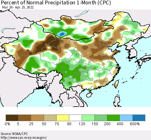 China, Mongolia and Taiwan Percent of Normal Precipitation 1-Month (CPC) Thematic Map For 3/26/2022 - 4/25/2022
