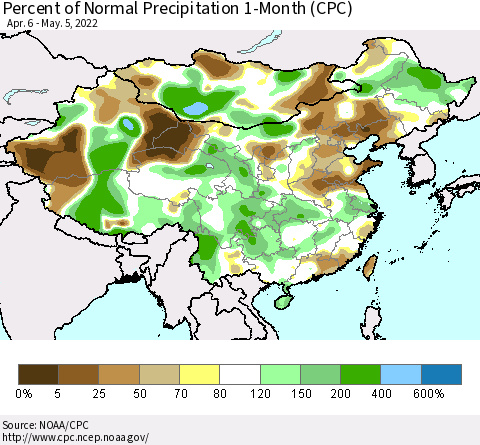 China, Mongolia and Taiwan Percent of Normal Precipitation 1-Month (CPC) Thematic Map For 4/6/2022 - 5/5/2022