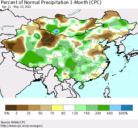 China, Mongolia and Taiwan Percent of Normal Precipitation 1-Month (CPC) Thematic Map For 4/11/2022 - 5/10/2022