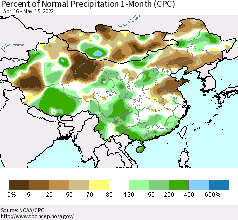 China, Mongolia and Taiwan Percent of Normal Precipitation 1-Month (CPC) Thematic Map For 4/16/2022 - 5/15/2022