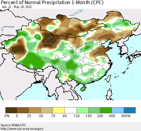 China, Mongolia and Taiwan Percent of Normal Precipitation 1-Month (CPC) Thematic Map For 4/21/2022 - 5/20/2022