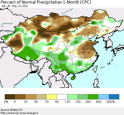 China, Mongolia and Taiwan Percent of Normal Precipitation 1-Month (CPC) Thematic Map For 4/26/2022 - 5/25/2022