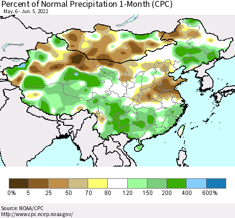 China, Mongolia and Taiwan Percent of Normal Precipitation 1-Month (CPC) Thematic Map For 5/6/2022 - 6/5/2022