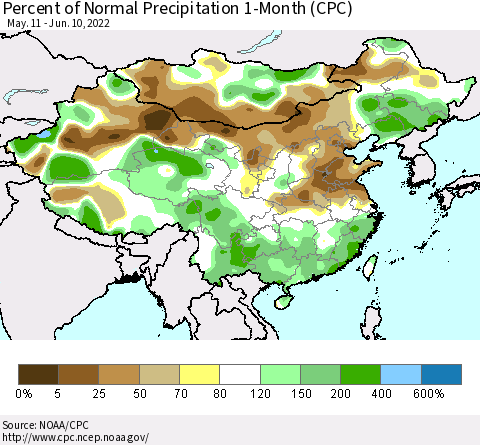 China, Mongolia and Taiwan Percent of Normal Precipitation 1-Month (CPC) Thematic Map For 5/11/2022 - 6/10/2022