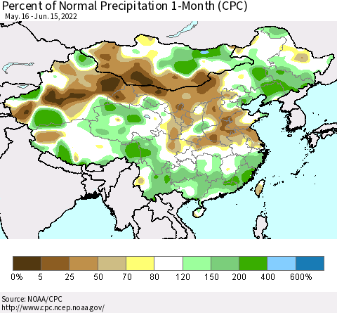 China, Mongolia and Taiwan Percent of Normal Precipitation 1-Month (CPC) Thematic Map For 5/16/2022 - 6/15/2022