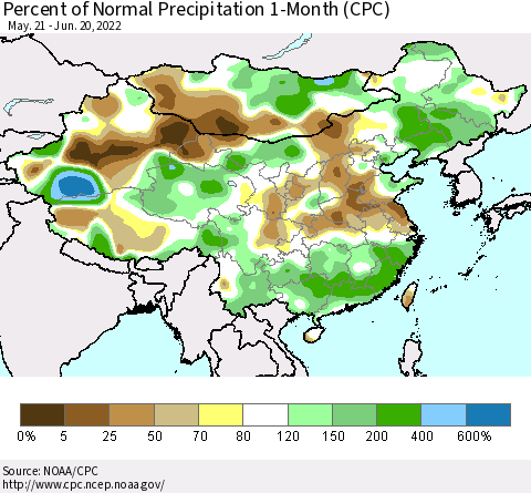 China, Mongolia and Taiwan Percent of Normal Precipitation 1-Month (CPC) Thematic Map For 5/21/2022 - 6/20/2022