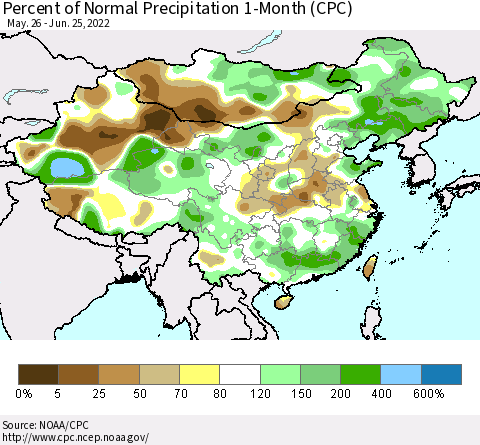 China, Mongolia and Taiwan Percent of Normal Precipitation 1-Month (CPC) Thematic Map For 5/26/2022 - 6/25/2022