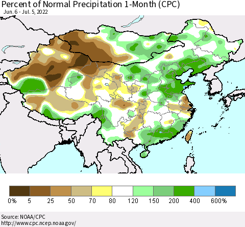 China, Mongolia and Taiwan Percent of Normal Precipitation 1-Month (CPC) Thematic Map For 6/6/2022 - 7/5/2022