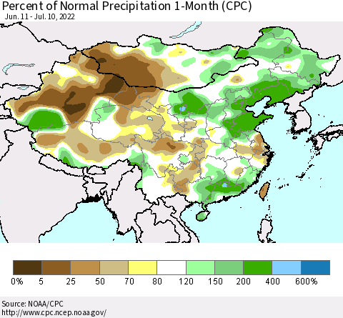 China, Mongolia and Taiwan Percent of Normal Precipitation 1-Month (CPC) Thematic Map For 6/11/2022 - 7/10/2022