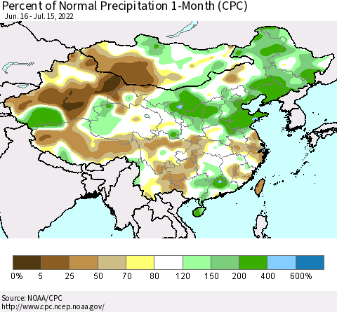 China, Mongolia and Taiwan Percent of Normal Precipitation 1-Month (CPC) Thematic Map For 6/16/2022 - 7/15/2022