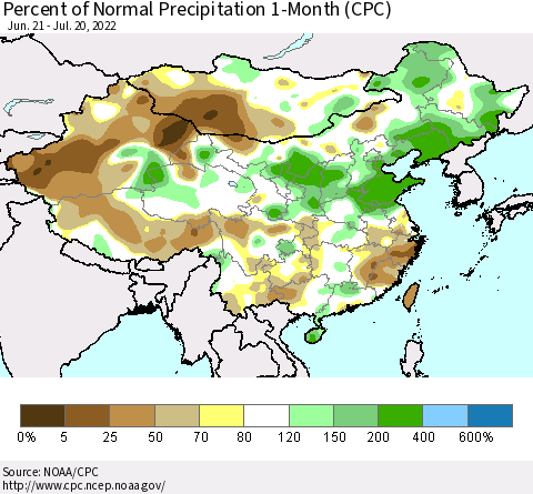 China, Mongolia and Taiwan Percent of Normal Precipitation 1-Month (CPC) Thematic Map For 6/21/2022 - 7/20/2022