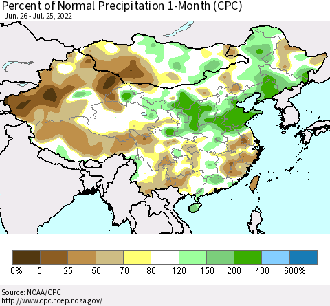 China, Mongolia and Taiwan Percent of Normal Precipitation 1-Month (CPC) Thematic Map For 6/26/2022 - 7/25/2022