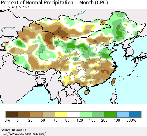 China, Mongolia and Taiwan Percent of Normal Precipitation 1-Month (CPC) Thematic Map For 7/6/2022 - 8/5/2022