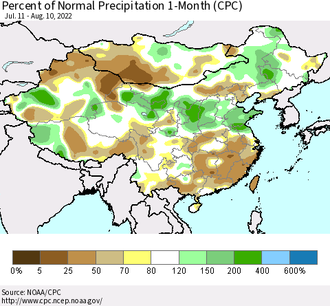 China, Mongolia and Taiwan Percent of Normal Precipitation 1-Month (CPC) Thematic Map For 7/11/2022 - 8/10/2022