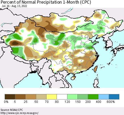 China, Mongolia and Taiwan Percent of Normal Precipitation 1-Month (CPC) Thematic Map For 7/16/2022 - 8/15/2022