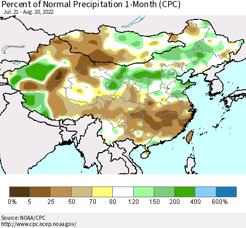 China, Mongolia and Taiwan Percent of Normal Precipitation 1-Month (CPC) Thematic Map For 7/21/2022 - 8/20/2022