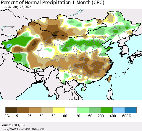 China, Mongolia and Taiwan Percent of Normal Precipitation 1-Month (CPC) Thematic Map For 7/26/2022 - 8/25/2022